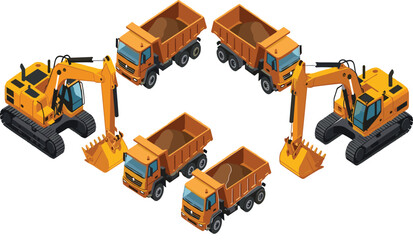 Isometric heavy construction machinery set with excavators and dump trucks isolated on white background for industrial engineering illustration © Saya
