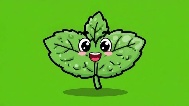 Charming Pixel Art Mint Leaf Character Waving Happily on a Vibrant Green Background