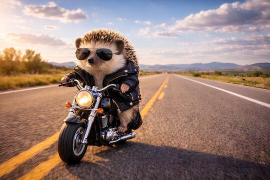 A tough cute hedgehog wearing a leather jacket and sunglasses riding a miniature motorcycle on an open road freedom concept.