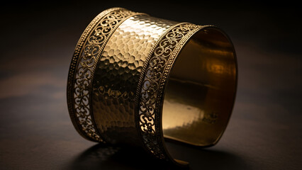 Stylish gold cuff bracelet with textured finish displayed on sleek background for jewelry concept