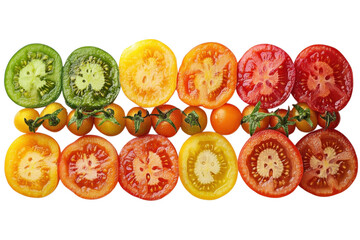 Fresh selection of bright ripe tomatoes isolated on transparent background