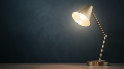 Elegant gold desk lamp illuminating wooden table surface in minimalist home office setting.