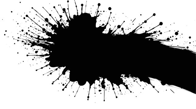 Dynamic black ink splash with radiating droplets and a long horizontal streak on a clean white background.