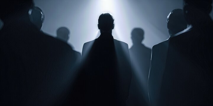 Shadowed Authority: A group of figures, cloaked in darkness, stand united under the powerful glare of a spotlight. This scene embodies a sense of mystery, power, and unspoken leadership. 