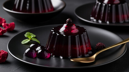 Elegant raspberry agar agar dessert served on black plates with mint garnish
