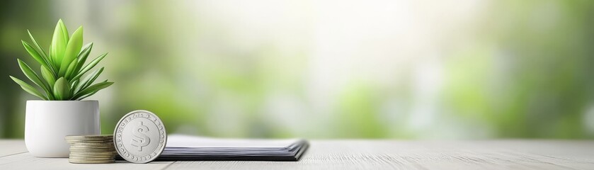 Lush green plant thriving in ceramic pot beside towering stack of glistening gold coins symbolizing growth and financial prosperity.