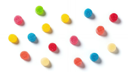 Assorted jelly candies arranged in a fun pattern on a white background