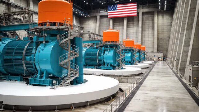 Interior shot of industrial generators in a power plant, featuring concrete walls and an American flag. Focus on power and electricity generation.