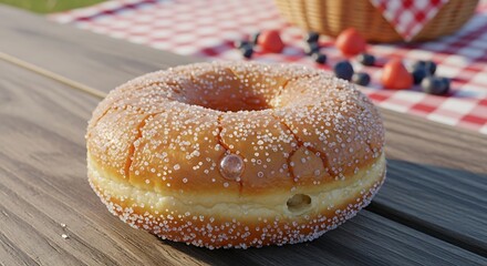 Delightful sugar-coated donut on a picnic table