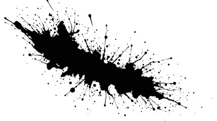 Black ink splatter with many small droplets radiating outwards on a clean white background, creating an abstract and dynamic visual effect.