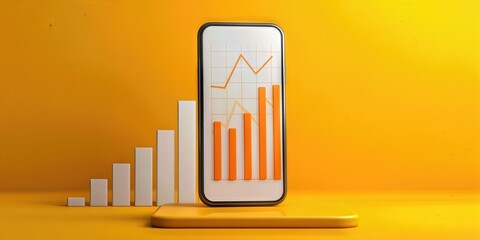 Financial Data in Focus: A smartphone, elegantly displaying a rising chart and growth of business financial metrics, symbolizes the pulse of market dynamics against a vibrant backdrop.