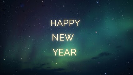 A starry night sky with a Happy New Year message in neon lights