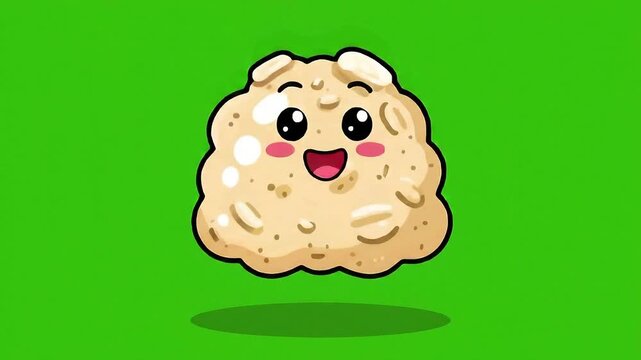 Charming kawaii oatmeal cookie character with big eyes and rosy cheeks floating happily on a vibrant green screen background perfect for animated