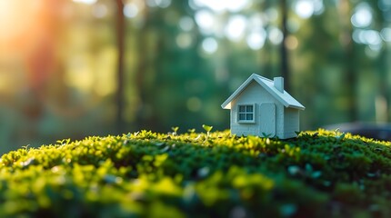 Small white toy house with chimney sitting on lush moss under deep forest canopy, sunset flare
