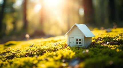 Miniature white wooden cottage on green moss in a sunlit forest, morning golden hour light, showing own house building 
