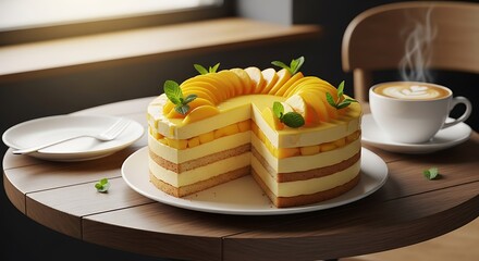Delicious mango layer cake with coffee