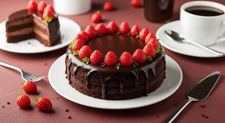 Chocolate strawberry cake with coffee
