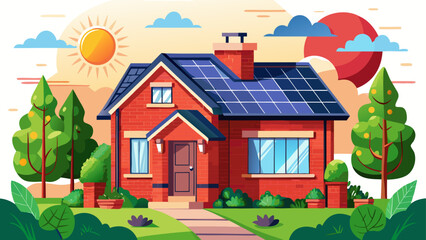 Very beautiful front view of a red brick house with a red roof and solar panels, highlighting sustainable living, clean energy, and modern eco-friendly residential design.
