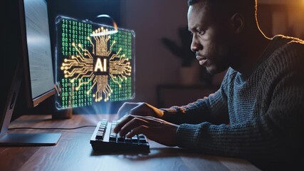Programmer types on keyboard with holographic AI chip display. Man develops AI using keyboard and holographic technology. Programmer works with AI chip visualization. Coding AI with holographic chip. - Powered by Adobe