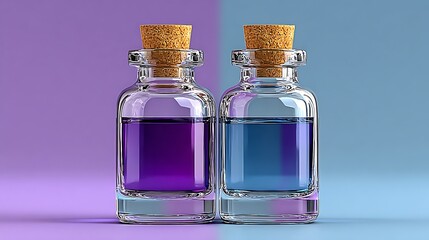 Two glass bottles with purple and blue liquids and cork stoppers image photo