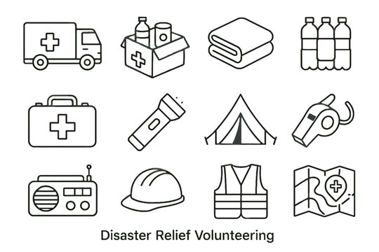 Helmet outline disaster protective vector emergency icons relief map supplies radio icon