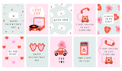 Valentine`s Day card set with hand draw lettering and cute elements. Cards, posters, brochures. Ideal for Valentine`s Day, wedding and birthday. Vector