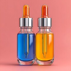 Two glass dropper bottles with blue and orange liquids on pink serum cosmetic