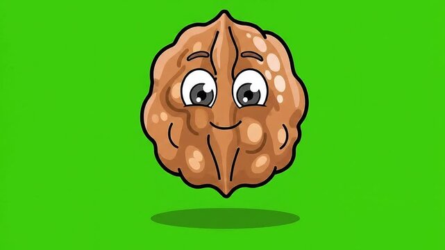 Cute Cartoon Walnut Character Animated on Green Screen Background