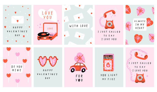 Valentine`s Day card set with hand draw lettering and cute elements. Cards, posters, brochures. Ideal for Valentine`s Day, wedding and birthday. Vector