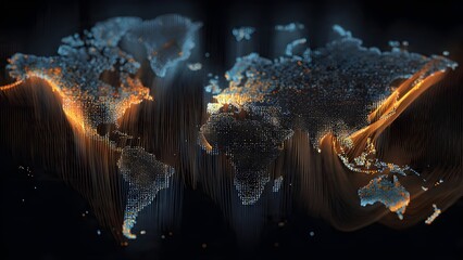 photo abstract world map made of dots and lines pulsing radio signals connecting continents modern infographic style dark background with glowing elements
