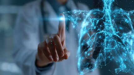 Medical Professional Interacting with Digital Lungs in a Futuristic Healthcare Setting
