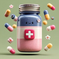 Whimsical cartoon medicine bottle with smiling face and floating pills capsules healthcare