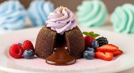 Chocolate lava cake with berry garnish