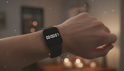 Focused Hand Wearing a Smartwatch with Timer Display in a Warm, Cozy Home Setting, Evoking Moments of Countdown and Anticipation