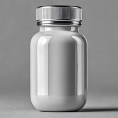 White Liquid in Clear Glass Bottle with Silver Cap on Gray Background image photo