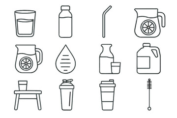Straw vector hydration morning collection carafe icon water glass jug insulated