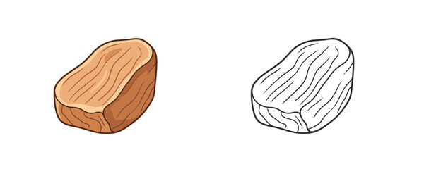 Fototapeta premium Brown sandalwood block and black outline sketch isolated on white background depicting aromatic wood material for perfume industry or spa aromatherapy in cartoon style