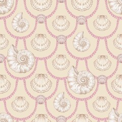 Seashell Seamless Pattern, Feminine Design, Elegant Scallop Shell Ocean Repeat, Nautical Digital Pattern