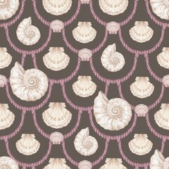 Seashell Seamless Pattern, Feminine Design, Elegant Scallop Shell Ocean Repeat, Nautical Digital Pattern