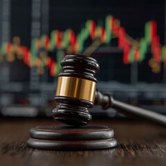 Wooden Gavel and Sounding Block with Stock Market Chart Background judge justice