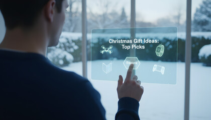 Man Using Futuristic Transparent Touchscreen Display to Browse Christmas Gift Ideas During Winter