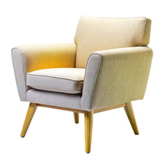Modern beige armchair with wooden legs on white background