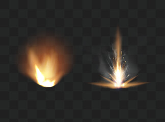 Gun flashes with smoke and fire sparkles. Pistol shots clouds, muzzle shotgun explosion. Blast motion, weapon bullets trails isolated on black background.