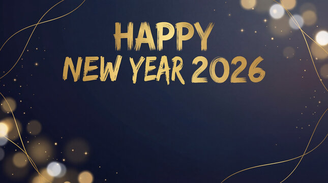 Happy New Year 2026 Golden Text on Dark Blue Background with Bokeh Lights