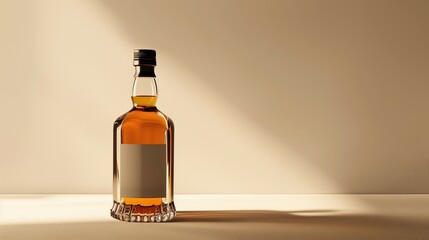 National Bootlegger's Day: Minimalist composition of single vintage whiskey bottle with blank label on clean white surface, dramatic side lighting creating sharp shadow