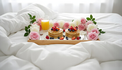 Romantic Breakfast in Bed: Indulge in Delicious Pancakes with Berries, Fresh Juice, and Beautiful Roses for a Perfect Morning Celebration