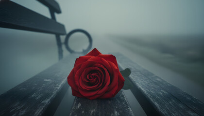 Single Red Rose on a Misty Wooden Bench, Symbolizing Love, Loss, or Solitude in a Somber, Atmospheric Setting