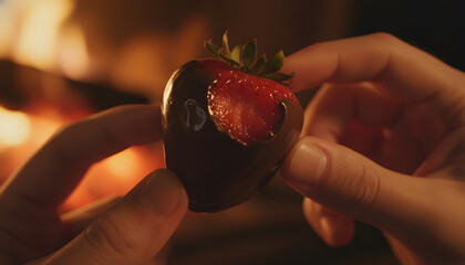 Decadent Chocolate-Dipped Strawberry Held by Hands in Front of a Warm, Blurring Fireplace