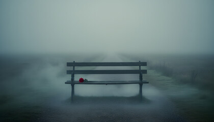 Lonely Bench in Ethereal Fog: A Solitary Red Rose Amidst a Misty Landscape, Symbolizing Loss, Remembrance, and Quiet Reflection