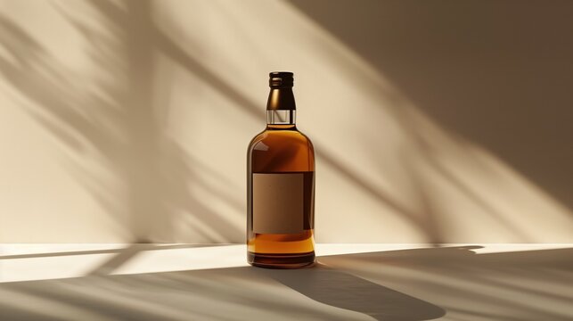 National Bootlegger's Day: Minimalist composition of single vintage whiskey bottle with blank label on clean white surface, dramatic side lighting creating sharp shadow